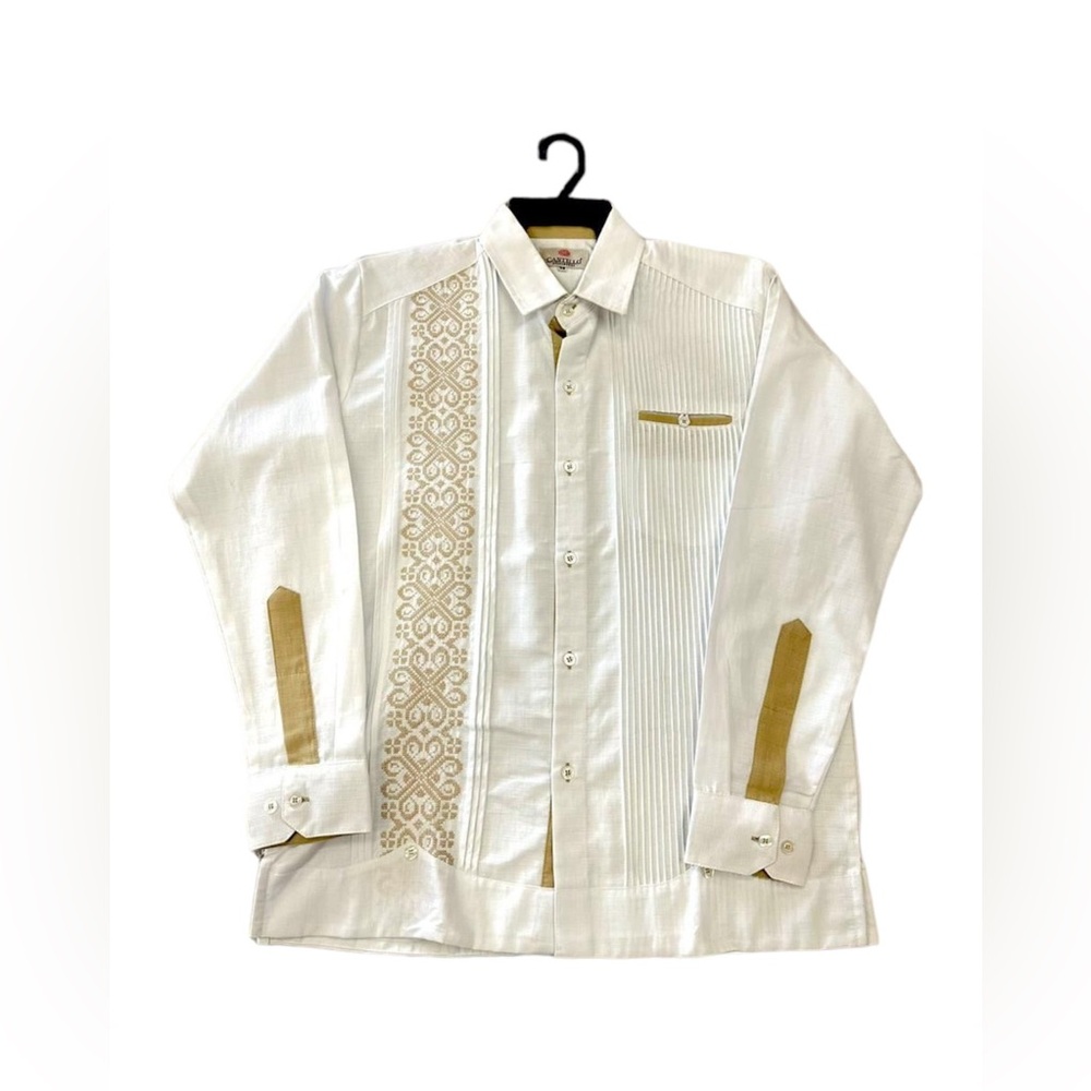 Men’s Linen White Guayabera with Tan Embroidery Long Sleeve